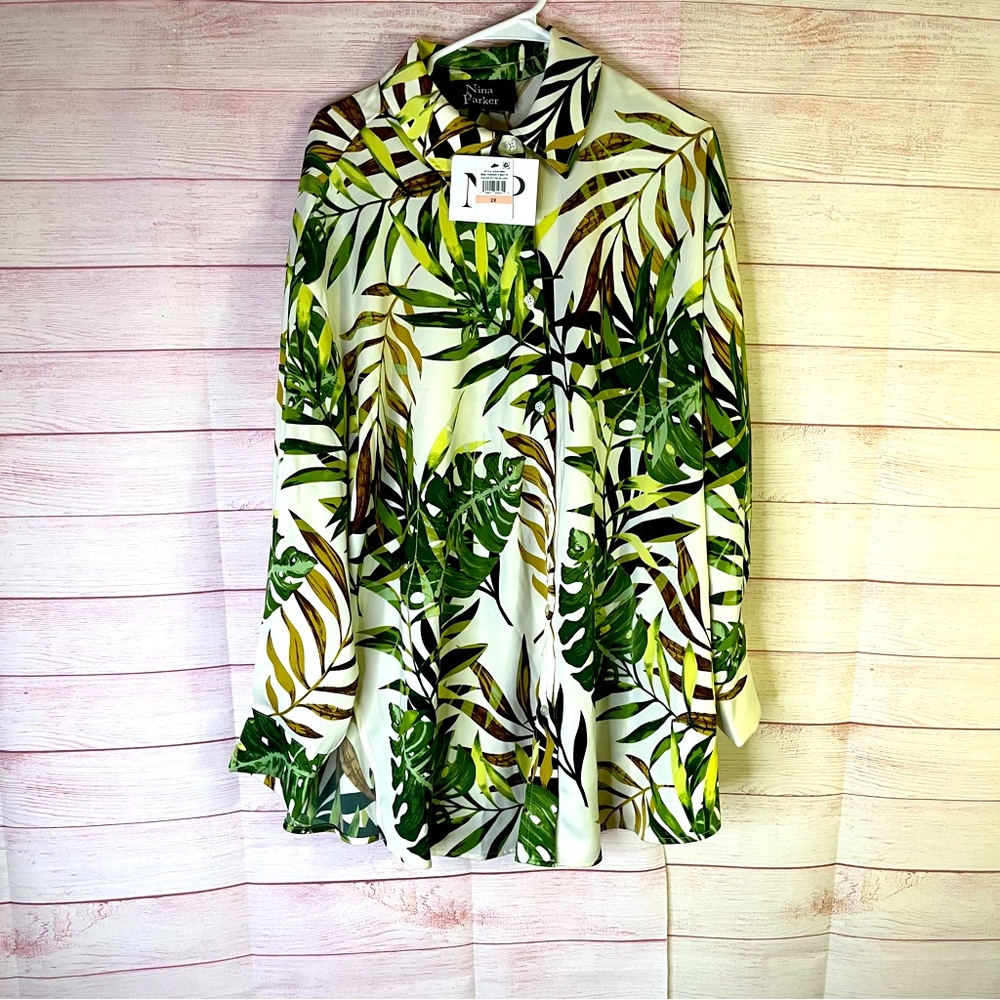 Nina Parker Tropical Print Palm Leaf Blouse Size 2X‎